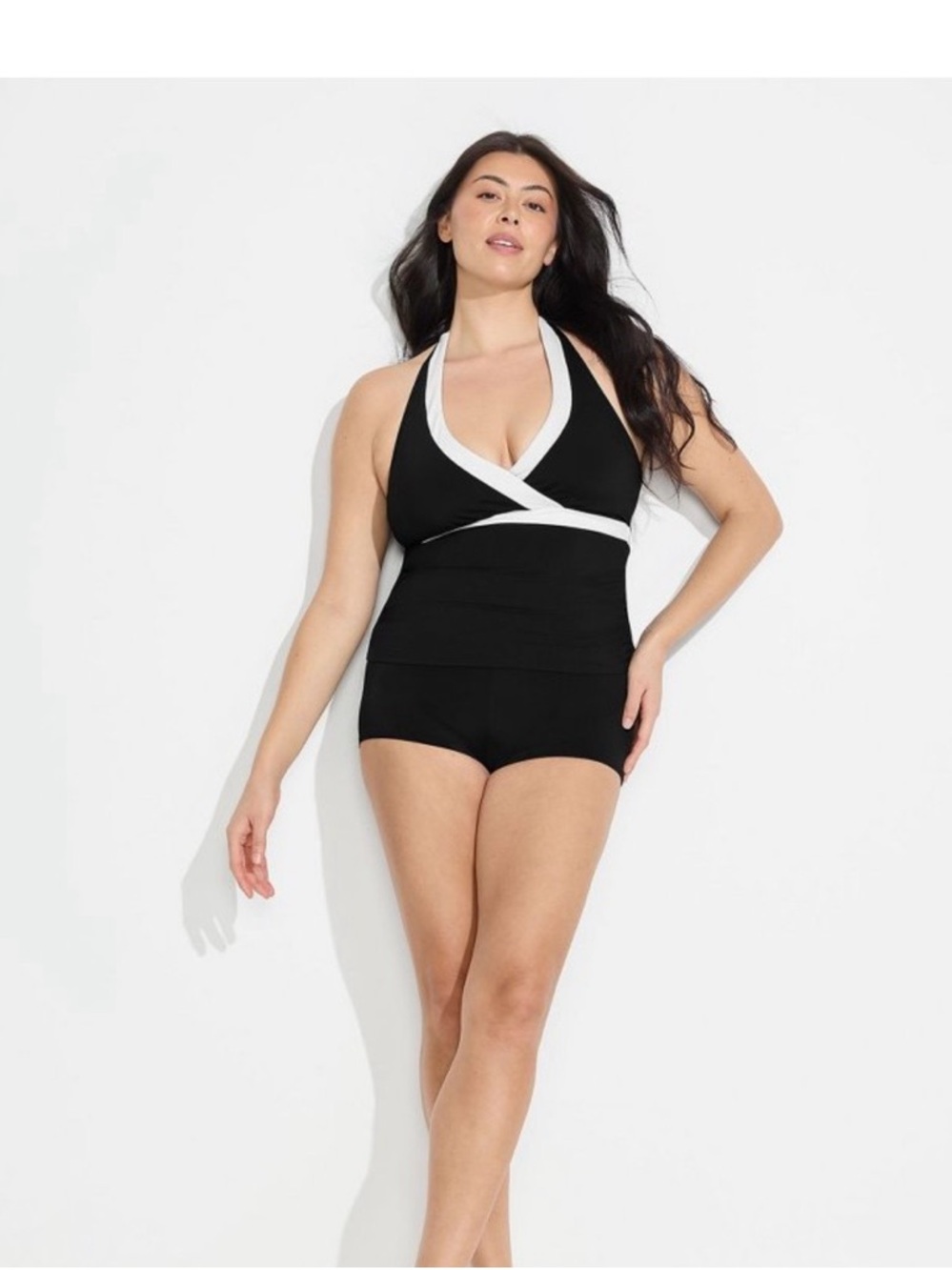 Lands' End Texture V-neck Halter Tankini Swimsuit Top LARGE BLACK WHITE NWT